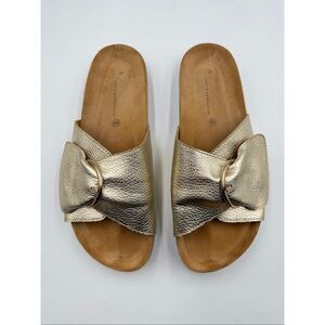 Anthropologie Gold Leather Slide Sandals Ring Detail Cork Footbed EU 40 US 9 EUC